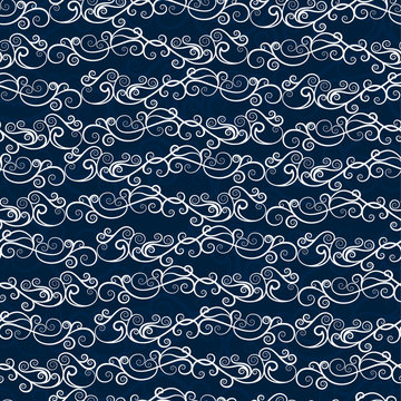 Seamless vector pattern with white curlicues on a dark blue background.