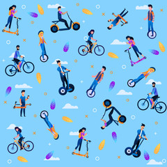 People and Eco Transportation Seamless Pattern