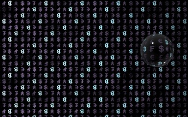 Bitcoin and currency on a dark background. Digital crypto symbol. Currency bubble, wave effect, market fluctuations. Business concept. 3D illustration