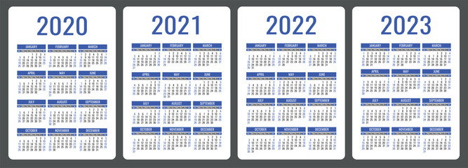 Calendar 2020, 2021, 2022 and 2023. English color vector set. Vertical wall or pocket calender template. Design collection. New year. Week starts on Sunday