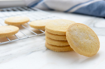 Fototapeta na wymiar Freshly baked homemade butter shortbread biscuits dusted with sugar