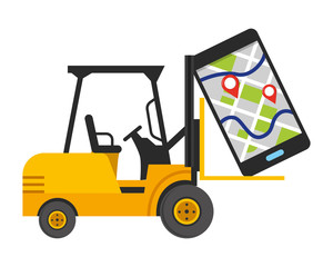 lift truck and cellphone vector illustration