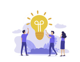 People group brainstorming new idea, light lamp teamwork concept. Creative team with raised hands thinking solution for the business. Modern UI flat illustration.