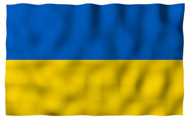 The flag of Ukraine on a white background. National flag and state ensign. Blue and yellow bicolour. 3D illustration waving flag