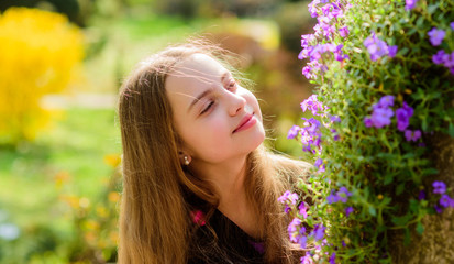 Girl teen walk in botanical garden. Peaceful environment garden. Enjoying nature. Kid cute fancy...