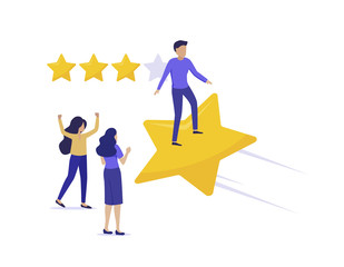 Star rating. Businessman flying on a gold star. Modern flat illustration of success. Concept of evaluation. Rating of the hotel, restaurant, mobile. Golden and purple colors design.