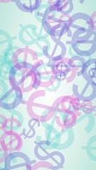 Multicolored translucent dollar signs on white background. Red tones. 3D illustration