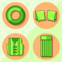 Modern flat icons vector collection with shadow effect. Isolated on colored background. Inflatable vest, mattress, lifebuoy and armbands. Summer theme.