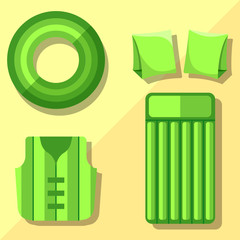 Modern flat icons vector collection with shadow effect. Isolated on colored background. Inflatable vest, mattress, lifebuoy and armbands. Summer theme.