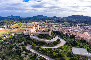 Aerial view, Arta with  Santuari de Sant Salvador Monastery on Calvary, Mallorca, Balearic Islands, Spain, Europe