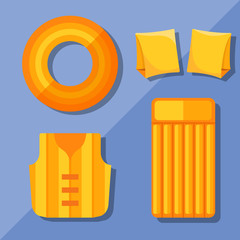 Modern flat icons vector collection with shadow effect. Isolated on colored background. Inflatable vest, mattress, lifebuoy and armbands. Summer theme.