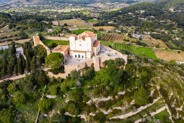 Fototapeta na wymiar Aerial view, Arta with Santuari de Sant Salvador Monastery on Calvary, Mallorca, Balearic Islands, Spain, Europe