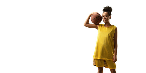 Isolated Female basketball player with ball on white background