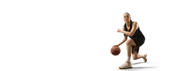 Isolated Female basketball player with ball on white background