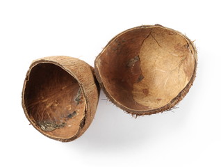 Coconut fruit shell cut in half isolated on white background, top view, design element 