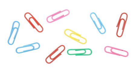 Colorful paperclips isolated on white background, top view