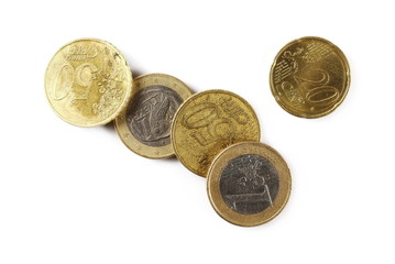 Euro coins, money isolated on white background, top view