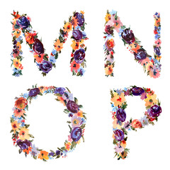 Floral Watercolor Alphabet Set, Letters M N O P Made of Flowers.