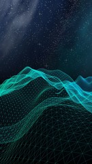 Abstract landscape on a dark background. Cyberspace grid. hi tech network. Outer space. Vertical orientation. Starry outer space texture. 3D illustration