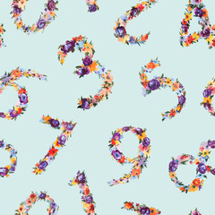Watercolor Floral Number Seamless Pattern on Blue Background.