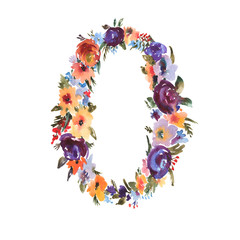 Watercolor Floral Number 0 Isolated on White Background.