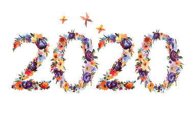 2020 hand written watercolor flowers. Christmas Floral Bouquet