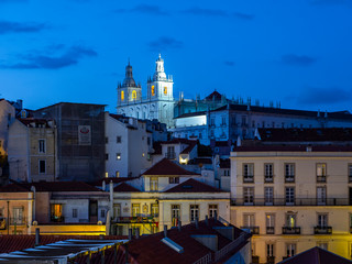 View from the Miradouro Santa Luzia to the old town of Lisbon, behind the, National Pantheon, Alfama district, Lisbon, Portugal
