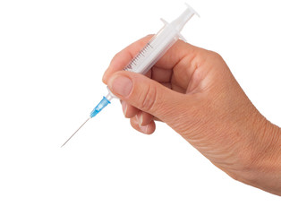Woman's hand with plastic disposable, mono use syringe. About to jab Isolated on white background.