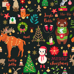 A Christmas forest animals pattern. Winter vector