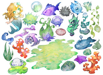 Watercolor illustration set of sea creatures and objects isolated on white.  Mermaid, fish, seaweed, starfish and jellyfish drawings in a cartoon cute style