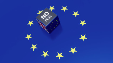 3D ILLUSTRATION OF BREXIT CONCEPT MADE BY DICES ON EUROPE FLAG WITH THE INDICATION OF DEAL UPON THE TOP FACE OF DICE
