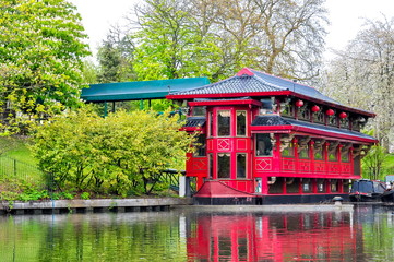 Red Chinese restaurant on Regent's canal in London, UK 