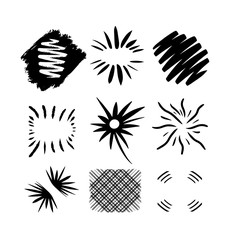 Black handdrawn sun bursts. Cute doodle borders and frame on notebook page. Modern vector illustration for logos, text, banners. Unique design ornaments. Drawn by pen, ink. Geometric grunge elements.