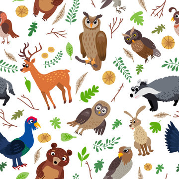 A Bird forest Seamless Pattern. Woodland animals.