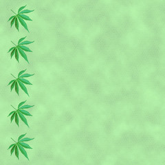 pattern of repeating photos of cannabis sheets on one side of a green background, concept of legalization of narcotic substances, square