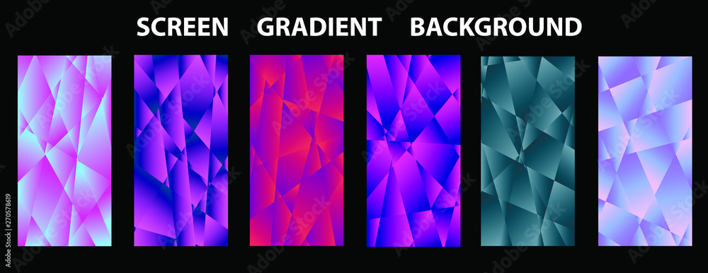 Poster set of colorful low poly vector pattern gradient set. modern smartphone screen, mobile app template.