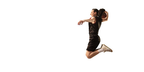 Isolated Female basketball player makes slam dunk. Basketball players on white background