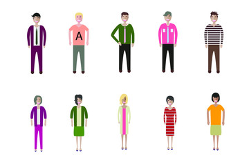 Young people, teenagers and students. Fashion man and woman in modern clothes. Different characters stay on white background.