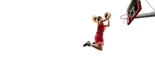 Isolated Female basketball player makes slam dunk. Basketball players on white background