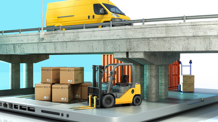 fast online delivery concept loader minibus container with boxes are on the laptop 3d render on white