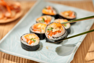 Korean roll Gimbap(kimbob) made from steamed white rice (bap) and various other ingredients