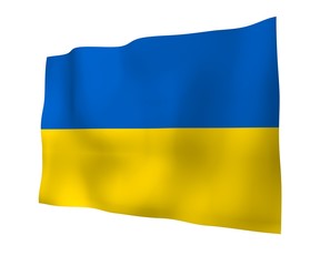 The flag of Ukraine on a white background. National flag and state ensign. Blue and yellow bicolour. 3D illustration waving flag