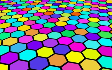 Honeycomb multi-colored. Perspective view on polygon look like honeycomb. Isometric geometry. 3D illustration