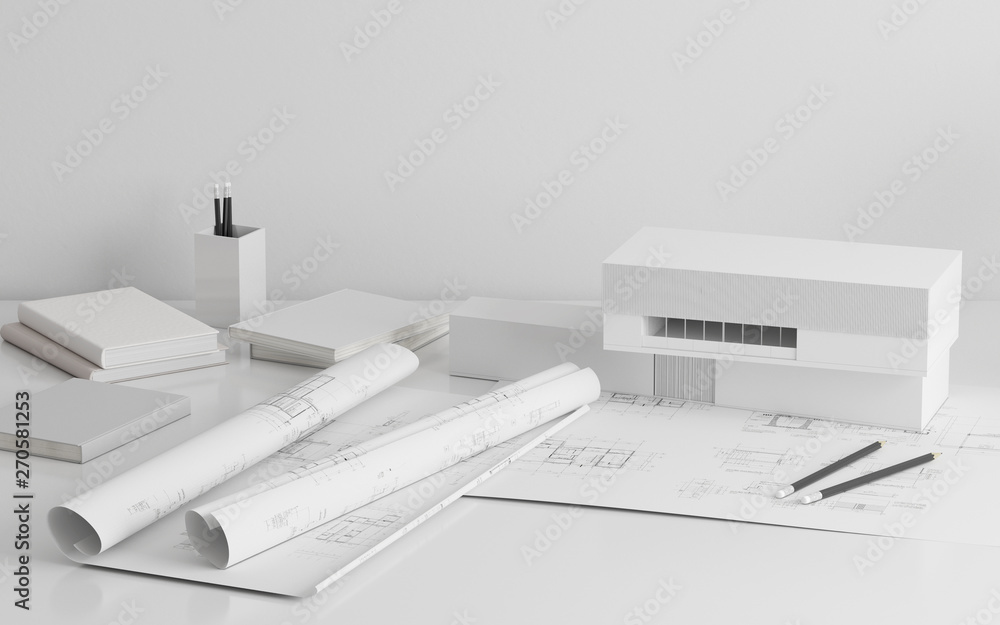 Aufkleber Mock-up of architectural construction drawing paper with white building model,Rolls of blueprint - 3D rendering