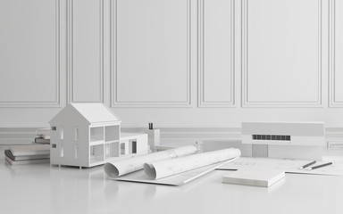 Mock-up of architectural construction drawing paper with white building model,Rolls of blueprint - 3D rendering