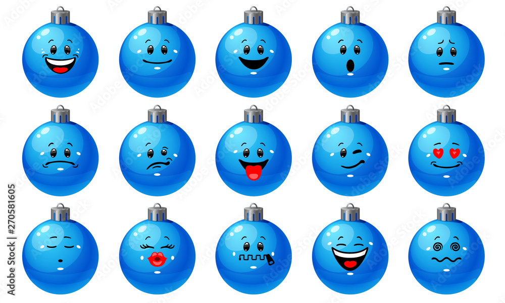 Wall mural vector emoticon set of christmas balls. collection of blue balls with different facial emotions in c