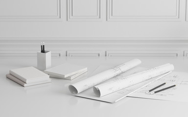 Mock-up of architectural construction drawing paper with tools and books,Rolls of blueprint - 3D rendering