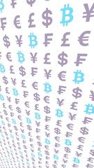 Bitcoin and currency on a white background. Digital crypto currency symbol. Business concept. Market Display. 3D illustration