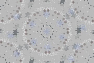Christmas wrapping paper background in gray color with snowflakes and stars. Winter illustration with circles and geometric ornaments for holiday feeling. Background for your design.