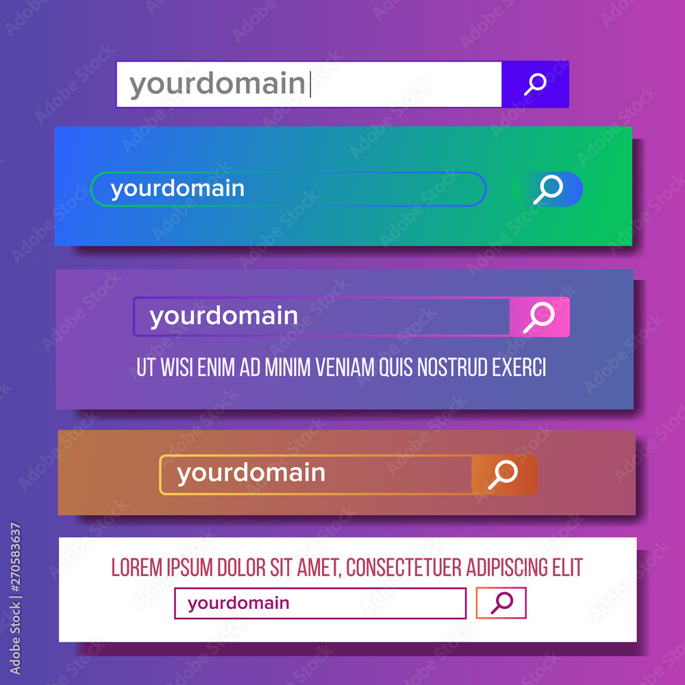 Poster bright collection of search domain bar set vector. modern different design frame of string quest dom